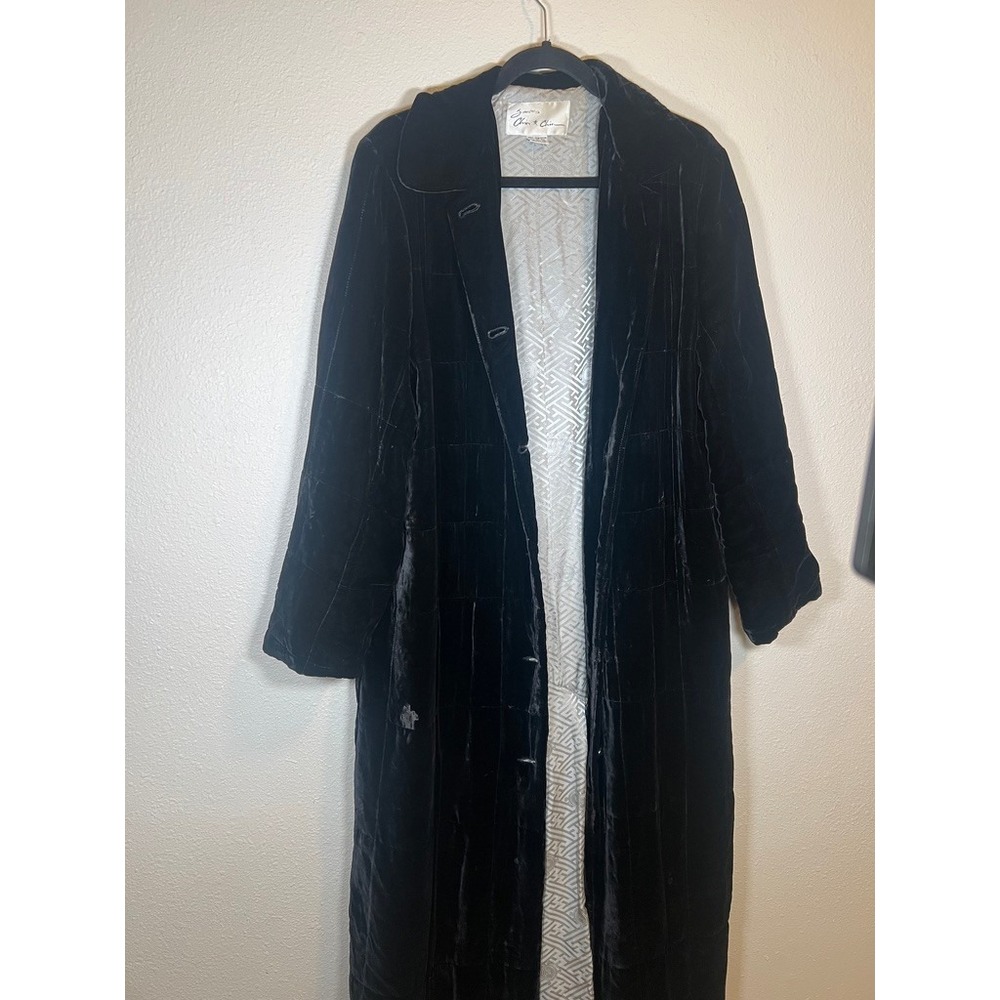 Vintage Luxury Velvet Duster Coat Black Silk Maxi Trench Gothic Victorian L Dark